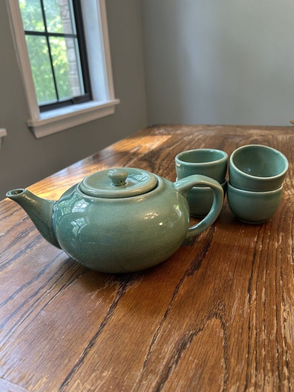 OGGI Gorgeous Green Ceramic Teapot & 4 Cups Set Crackle Glaze Finish Vintage Loo